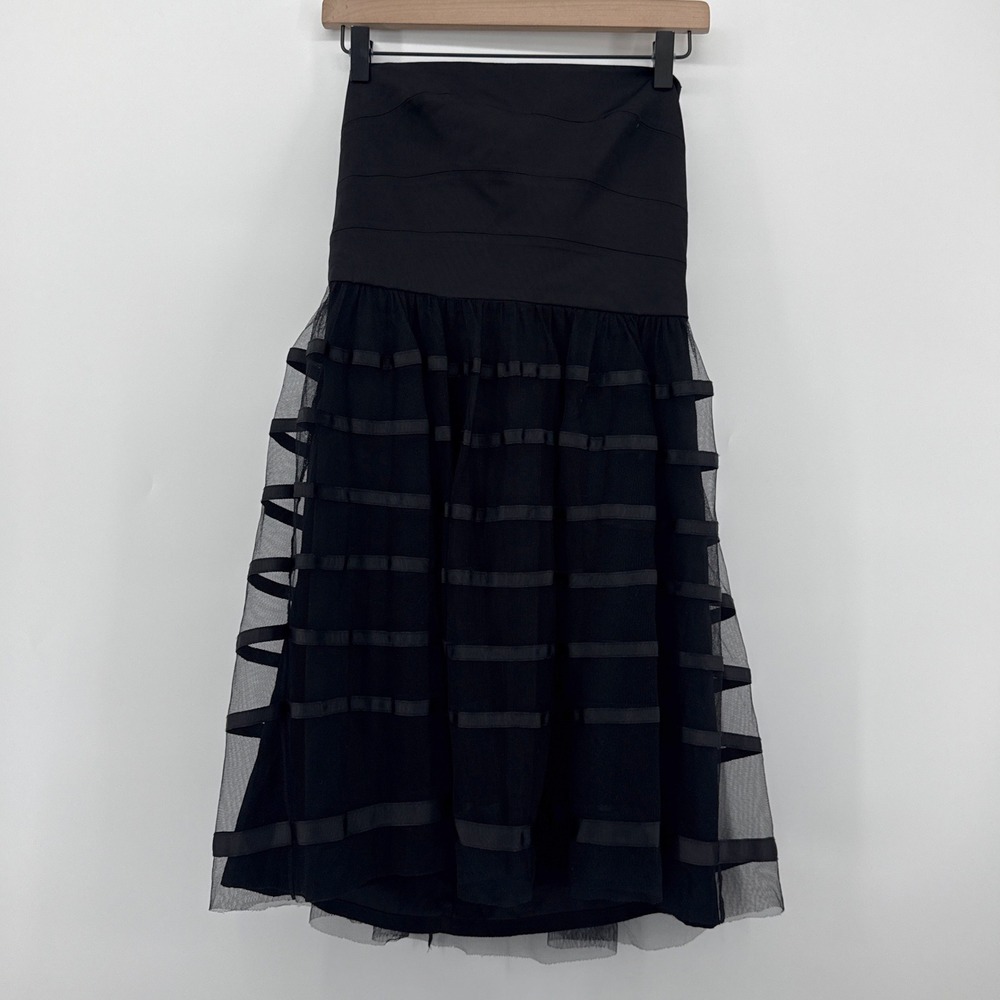 Vera Wang Black Illusion Stripe Strapless Tulle Ribbon‎ Cocktail Midi Dress SZ 6